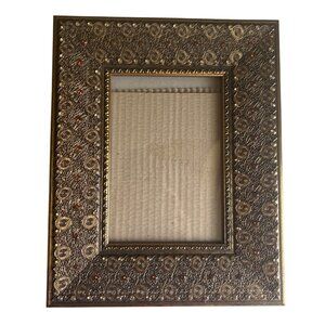 Elegant Ornate Bronze Picture Frame With Intricate Beadwork & Amber Accents